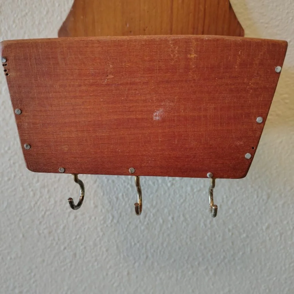 Vtg Wooden Mail Holder Sorter Letter Holder MCM Wall Mount W/ Brass Key Hooks